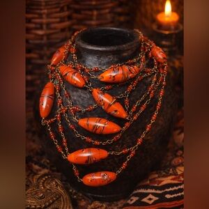 🔥Fire-Kissed Antique Infinity Necklace — 35” Tribal Glass + Brass✨